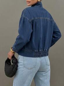 Vintage Dark Blue Denim Jacket For Women, Contrast Stitching Zipper & Button Front, Loose Fit Short Casual Jacket - Denim Original Color - View 5
