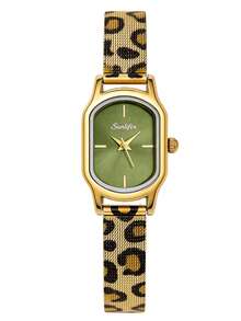 1pc Women's Oval Retro Quartz Watch, Gold Alloy Case, Fashionable Green Dial, Leopard Print Metal Mesh Strap, Suitable For Daily Wear And Gift Giving - Green - View 8