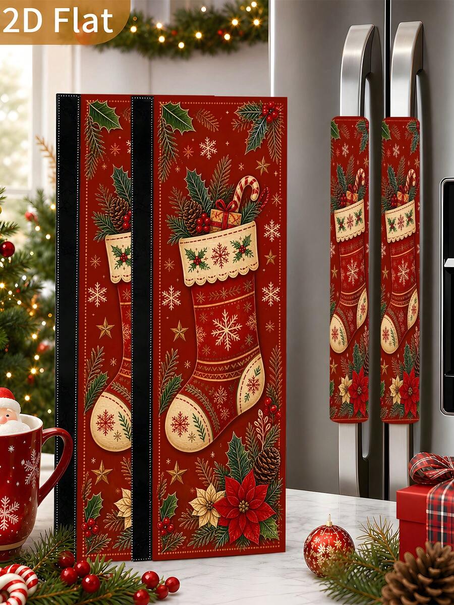 1/2Pcs Christmas Fridge Handle Covers, Christmas Socks, Berries, Poinsettia Pattern, With Hook-And-Loop, Suitable For Refrigerator, Oven, Microwave, Dishwasher, Christmas Holiday Kitchen Decor - View 1