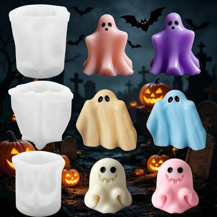 3pcs Halloween Ghost Shaped Silicone Candle Molds, Ghost Element Halloween Shaped Plaster Aromatherapy Silicone Molds - White - View 1