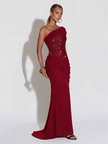 Shiny Patchwork Elegant Party Ruffle Asymmetrical Shoulder Dress, Suitable For Evening Date, Formal Dinner - Red - View 5