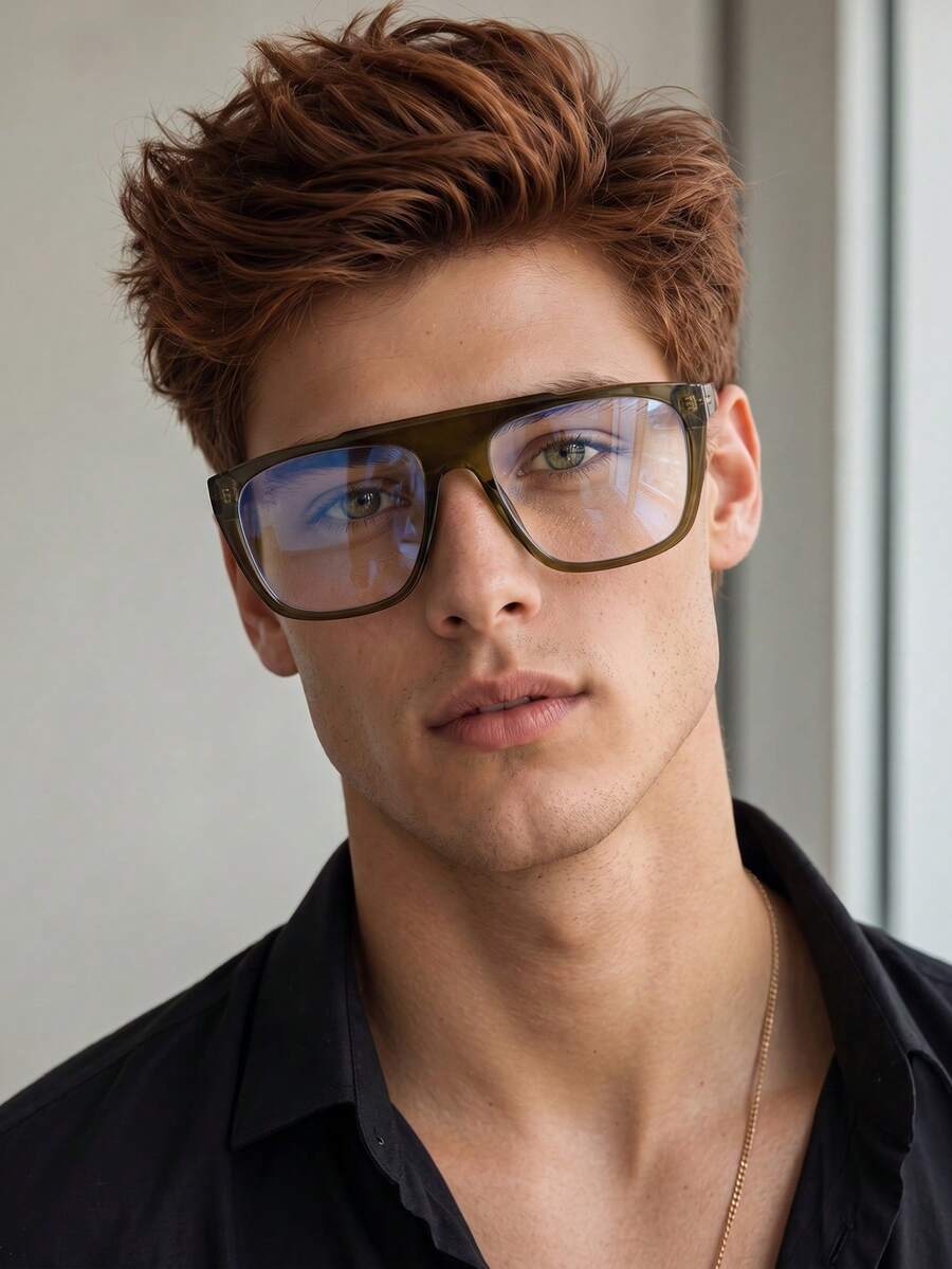 1 Pair Men's Olive Green Square Frame Commuter Style Versatile Non-Prescription Glasses - Olive Green - View 1