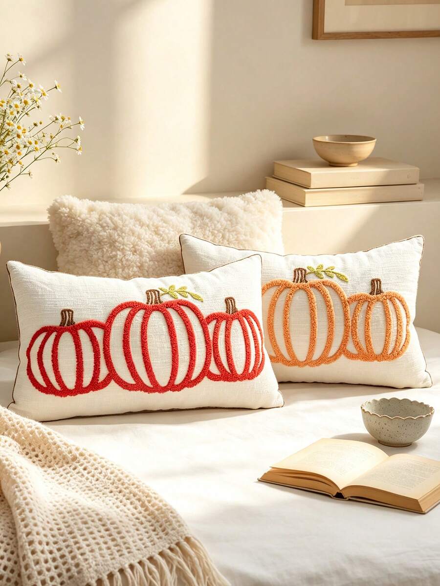 1pc Autumn Limited Pumpkin Embroidery Lumbar Pillow Case, Dual Color Options, Sofa Atmosphere Cushion Cover, Bedroom Bedside Healing Throw Pillow Cover, 11.81*19.68 Inches (30*50 Cm), Pillow Insert Not Included, Machine Washable - Multicolor - View 1