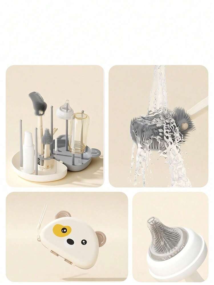 家用清潔杯刷套組/便攜式瀝水架/廚房必需品/新生兒必需品/嬰兒奶瓶刷套組，小巧尺寸/防塵耐摔/包含：奶瓶刷/吸管刷/瀝水架/奶嘴刷/分裝瓶 - 彩色 - 查看 3