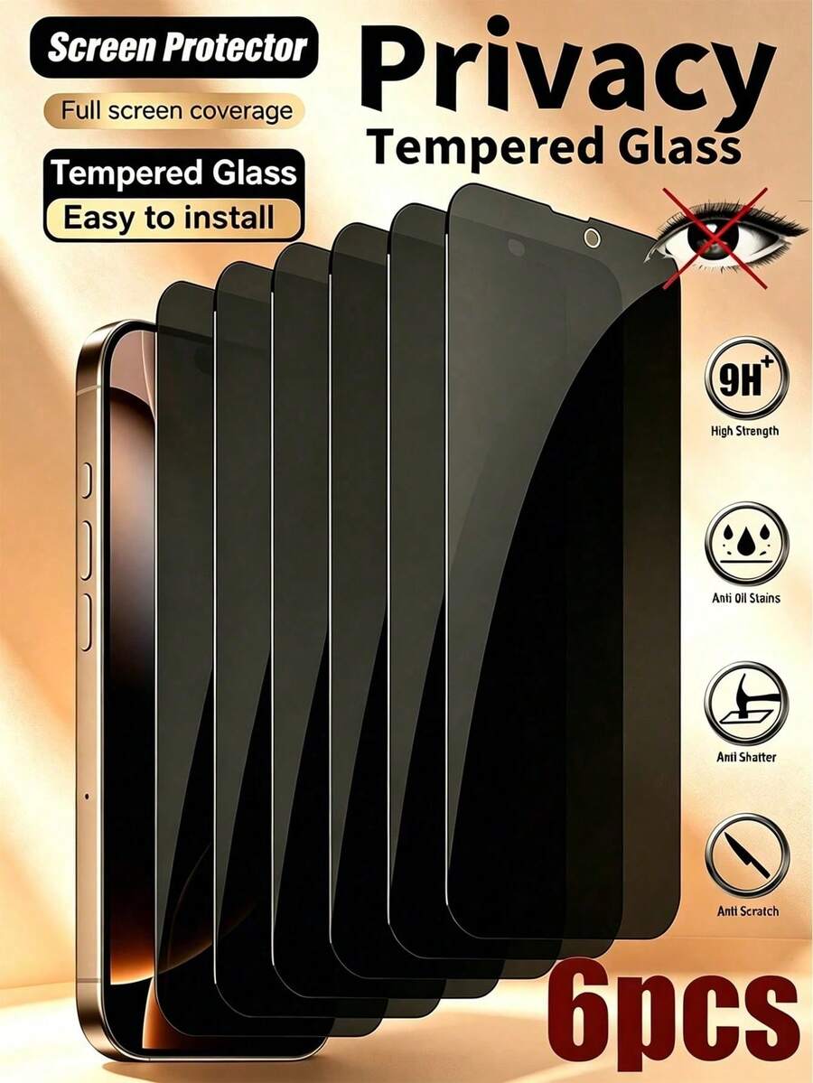 ZYSHI 6pcs Privacy Anti-Peeping Screen Protector, Black Anti-Peeping Tempered Glass Screen Protector, High Hardness, Anti-Peeping, Anti-Scratch, Anti-Drop, Waterproof, Anti-Fingerprint, Compatible With IPhone Ultra/18 Pro Max/18 Pro/18/17e/17 Pro Max/17 Pro/17 Air/17/16 Pro Max/16 Pro/16 Plus/16/15 Pro Max/15/14/13/12 And Other Models.