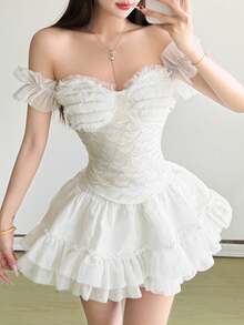 Chic Off Shoulder Ruffled Crop Top For Women, White Knitted Fabric With Cold Shoulder Short Sleeves, Corset-Look - White - View 5