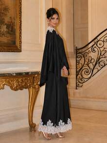 Lace Satin Black Cape Top And Skirts Set For Women Fall Winter Holiday Essentials Halloween Christmas - Black - View 6