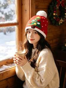 1pc Christmas Knitted Beanie, Warm Versatile Casual Winter Hat, Suitable For Outdoor, Streetwear And Travel - Red - View 6