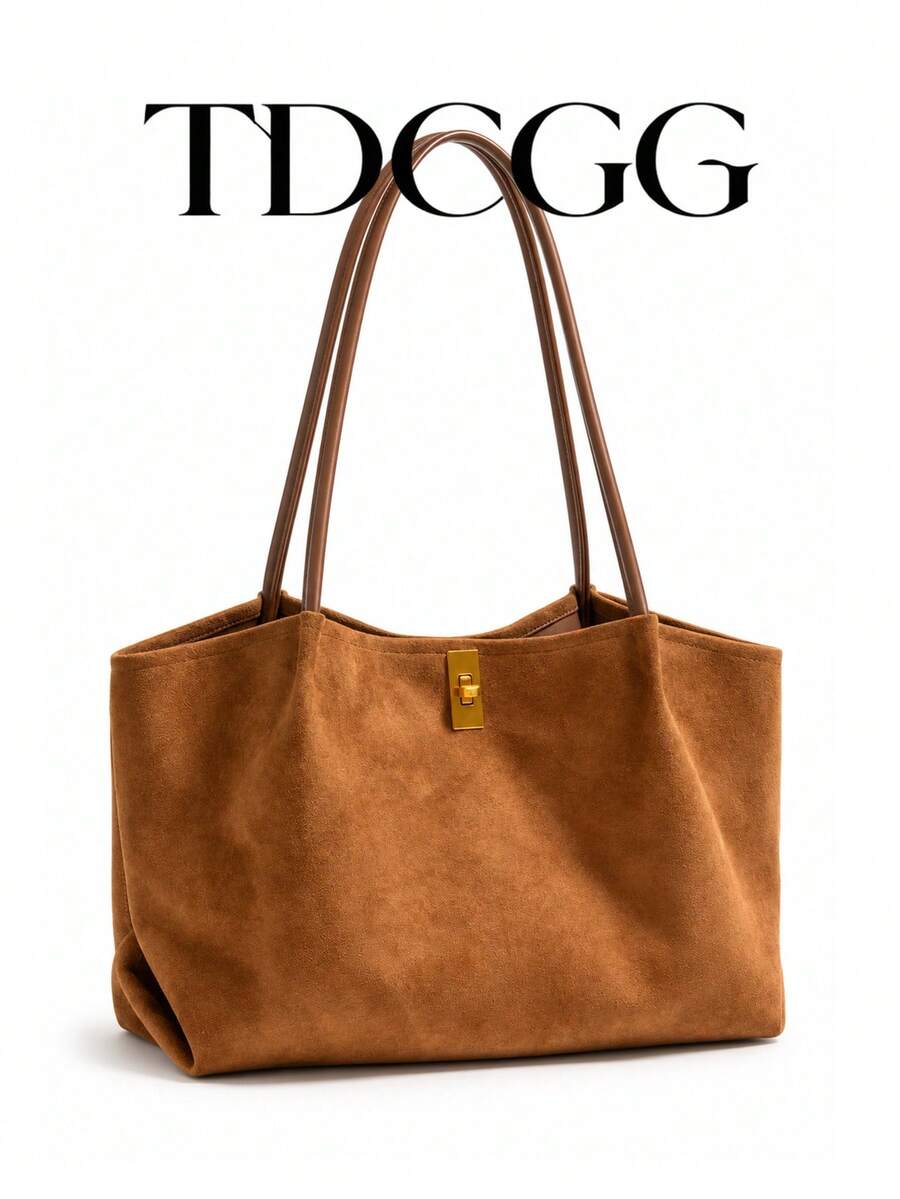 2pcs Brown Faux Suede Tote Bag Set, Women's Large Capacity Shoulder Handbag With Storage Bag, Casual Commute Work Bag, Autumn/Winter Daily Use - Evonik - View 1