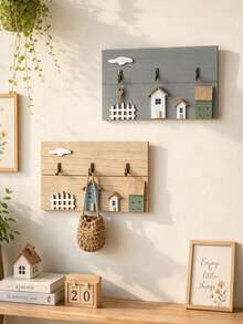 1pc Rustic Nordic Style Wooden Wall-Mounted Key Rack, 3D House And Fence Decor, Multiple Metal Hooks For Keys And Bags, Wall-Hanging Key Storage Rack, Home Decor Accessory, Suitable For Entryway, Hallway And Farmhouse Style Interior Decoration - Multicolor - View 6