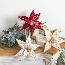 1/4pcs Christmas Flower Decorative Sprigs, 26cm Red & Gold Sequin Velvet Petals, Lightweight And Easy To Insert, Perfect For Christmas Tree Or Vase, Enhances Holiday Atmosphere, Suitable For Modern Home, Holiday Party And Creative Christmas Decor - Multicolor - View 5