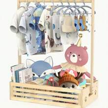 1pc Natural Solid‑Wood Freestanding Kids Clothes Rack With Slatted Bottom Storage Crate, Multi‑Tier Garment Organizer, For Nursery Playroom Children Room Home Decor - Multicolor - View 2
