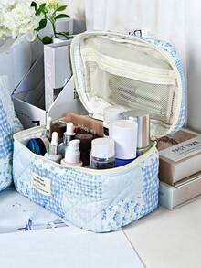 1pc/Set Blue Patchwork Pattern Makeup Bag, Fashionable Large Capacity Multi-Compartment Women's Handbag, Multi-Functional Travel Toiletry Bag, Storage Bag, Organizer Bag For Cosmetics, Makeup Tools And Other Items, Holiday Gift Souvenir - Blue - View 6