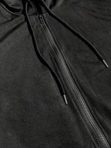Women's Casual Hooded Zip-Up Cardigan Ribbed Knit 2 Pieces Set, Side Stripe Detail, Medium Stretch Loungewear Outfit, Autumn/Winter - Black - View 6