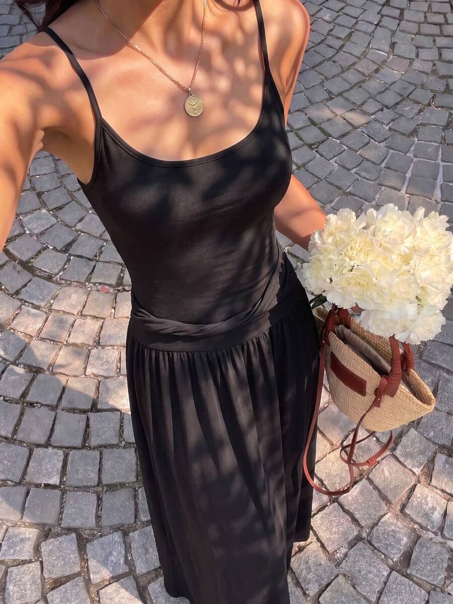 Solid Color Elegant Party Knit Fabric Backless Asymmetric Dress, Suitable For Vacation, Date, Bachelorette Party, Back To School Party, Summer - Black - View 1