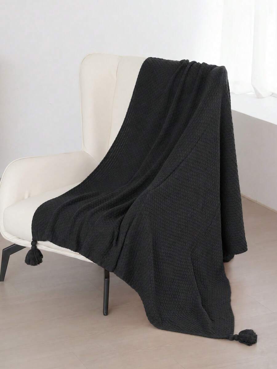 1pc Solid Color Knitted Blanket, Academy Style Acrylic Plaid With Tassel, Soft Warm Handmade Sofa Throw, Small Lap Blanket, Nap Blanket, Suitable For All Seasons - Osmanthus Needle Black - View 1