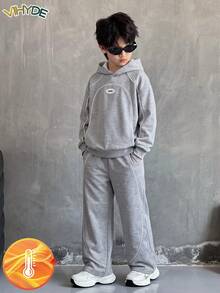 Vihyde Tween Boys American Street Style Denim Trim Double Layer Hooded Sweatshirt & Wide Leg Pants Casual Sports Two Pieces Set Fall Outfits - Grey - View 2