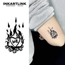 INKARTLINK 1PC Burning Lovers Heart & Flame Wood Tattoo Sticker, Temporary Waterproof Body Art Tattoo Sticker, Lasts 2-5 Days, Water Transfer Color Tattoo Sticker, Suitable For Men And Women, Must-Have For People, Party Essential Decoration, Holiday Celebration Body Decoration - Black - View 2