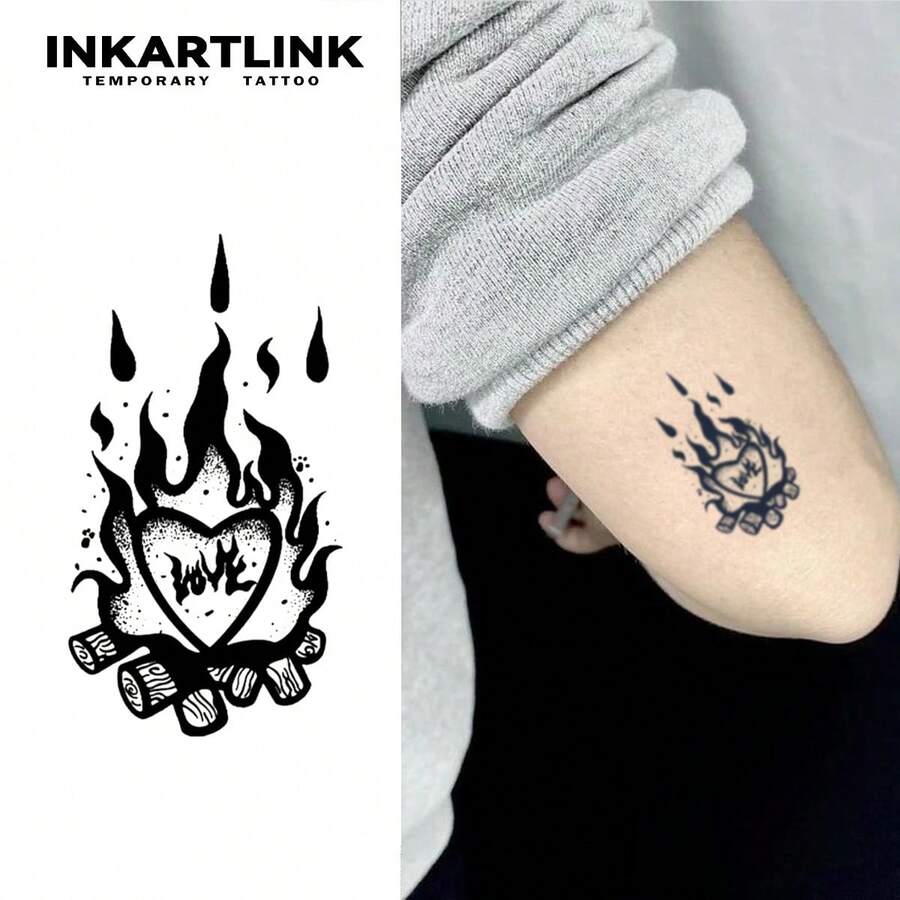 INKARTLINK 1PC Burning Lovers Heart & Flame Wood Tattoo Sticker, Temporary Waterproof Body Art Tattoo Sticker, Lasts 2-5 Days, Water Transfer Color Tattoo Sticker, Suitable For Men And Women, Must-Have For People, Party Essential Decoration, Holiday Celebration Body Decoration