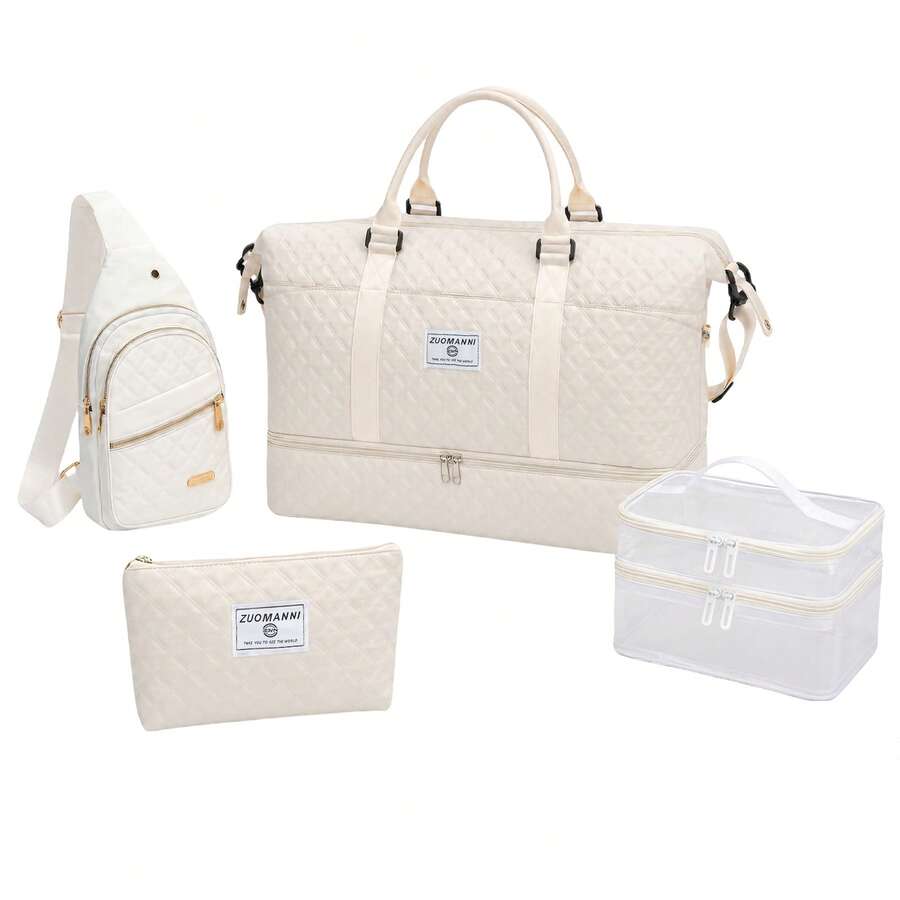 4‑Piece Quilted Travel Bag Set Weekender Duffle With Shoe Compartment Sling Backpack Cosmetic & Mesh Toiletry Pouch - White - View 1