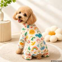Opjoys 1pc Cute Hand-Drawn Sun Expression Rainbow Print Dog Jumpsuit, Skin-Friendly Knitted, Warm Belly Protection Anti-Shedding, Suitable For Small And Medium Dogs, Bichon, Teddy - White - View 5