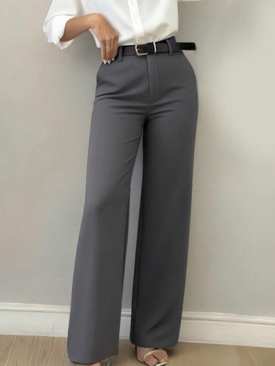 Women's Minimalist Design Flared Leg Casual Trousers, Suitable For Commuting, Office, Daily Wear, All Seasons Spring Fall - Grey - View 1