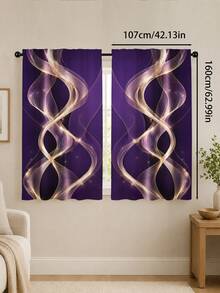 2pcs, Polyester Material, Deep Purple Dreamy Gold Curved Pattern Printed, Light Filtering Curtains, Suitable For Bedroom, Living Room, Office And Home Decor, Rod Pocket Design, Suitable For Rod Installation - Multicolor - View 14