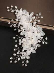 1pc Prom Banquet Heavy Industry Hand-Sewn Flower Rhinestone Crystal Alloy Leaf High-End Headdress Bride Wedding Hair Updo Decoration Hair Clip Pearl - 63286 - View 2