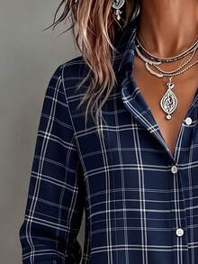 Women's Bohemian Style Plus Size Printed Shirt Long Sleeve Autumn Top, Shirt Collar Design, Creating Fashionable Lady Look - Navy Blue - View 5
