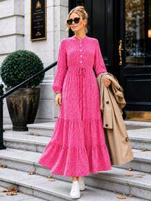 Women's A-Line Floral Maxi Dress With Long Sleeves - Pink - View 1