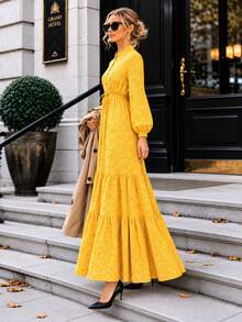 Women's A-Line Floral Maxi Dress With Long Sleeves - Yellow - View 3