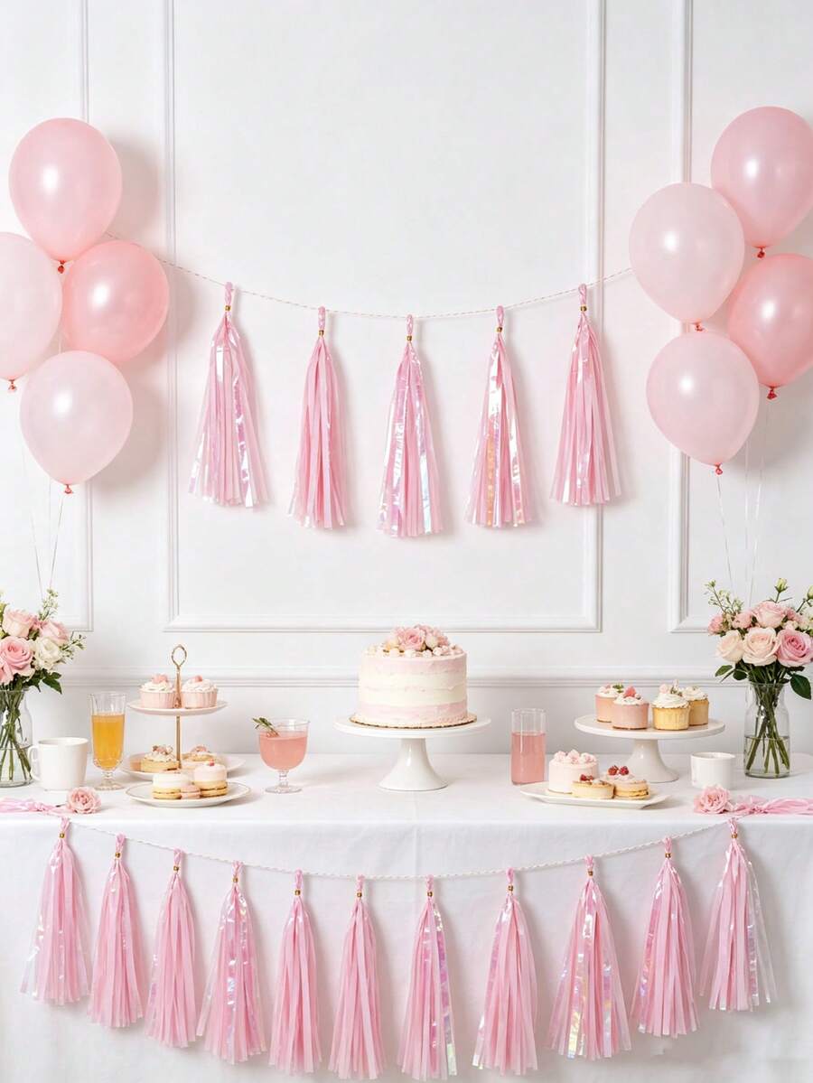 1/2/3bags Pink Iridescent Paper Tassel Garland, Shimmer Metallic Fringe Banner Birthday Bridal Shower, Wedding Backdrop Decorations (Gift Box Packaging) - Iridescent Paper Tassel Pink - View 1