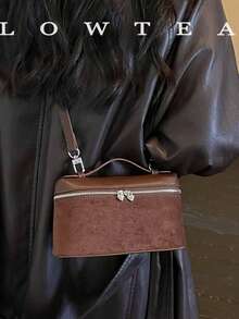 low tea 1pc Box-Shaped Suede Fabric Handbag With Adjustable Shoulder Strap, Suitable For Commuting, Shopping And More - Coffee - View 8
