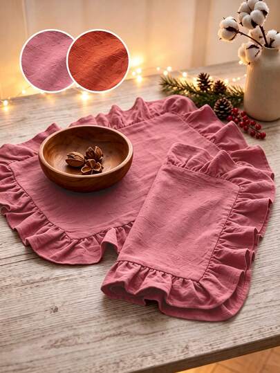 2/6/12/120PCS Classic Minimalist Solid Color Scalloped Edge Placemats, Washable Wrinkled Scalloped Edge Napkins, Square Design With Scalloped Edge Details, Suitable For Daily Home Use And Natural Style Table Setting Decoration