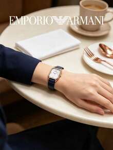 Armani Ladies Octagonal Quartz Watch, Mother-Of-Pearl Dial, Crystal Bezel, Navy Blue Crocodile Embossed Leather Strap 30m Waterproof AR11466 - Gold - View 4