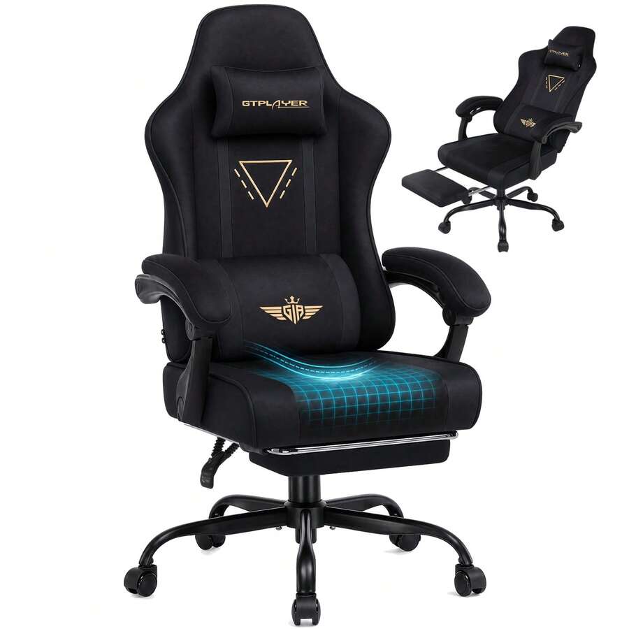 Fabric Gaming Chair With Footrest, Ergonomic Computer Desk Chair With Pocket Spring Cushion Home Office High Back Lumbar Support Heavy Duty Wide - Black - View 1