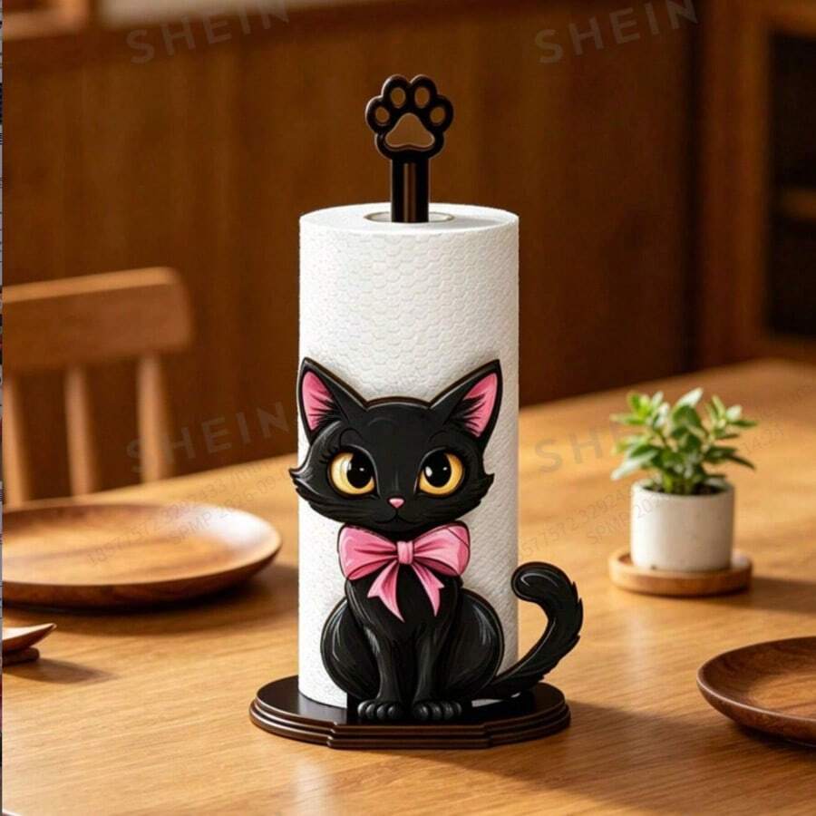 Creative Bow Black Cat Vertical Kitchen Paper Towel Holder, Cartoon Cat Desktop Roll Paper Storage Rack, Countertop Kitchen Paper Towel Holder, Cute Home Decor - Multicolor - View 1