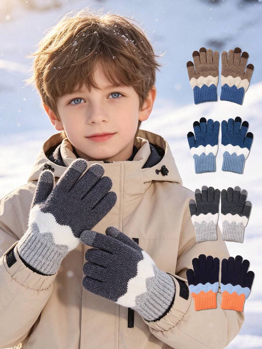 1 Pair Boys Wavy Color Block Knit Screen Gloves, Soft Warm Full‑Finger Gloves For Kid Winter Daily Outdoor Activities - 1Pair - View 1