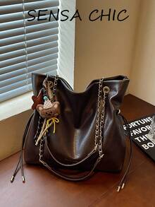 Tote Bag With Relaxed Soft Body, Drawstring Closure Design, Paired With Chain Shoulder Strap, Effortless To Carry. Spacious Interior Can Hold Many Personal Items, Decorated With Cute Charms, Simple And Elegant Style Suitable For Daily Outings, Easily Creating A Casual And Relaxed Outfit Effect. - Coffee Brown - View 8