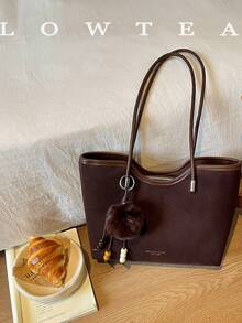 low tea 1pc Small Bucket Suede Fabric Shoulder Bag Suitable For Commuting, Shopping, Etc. (With Pendant) - Coffee - View 5