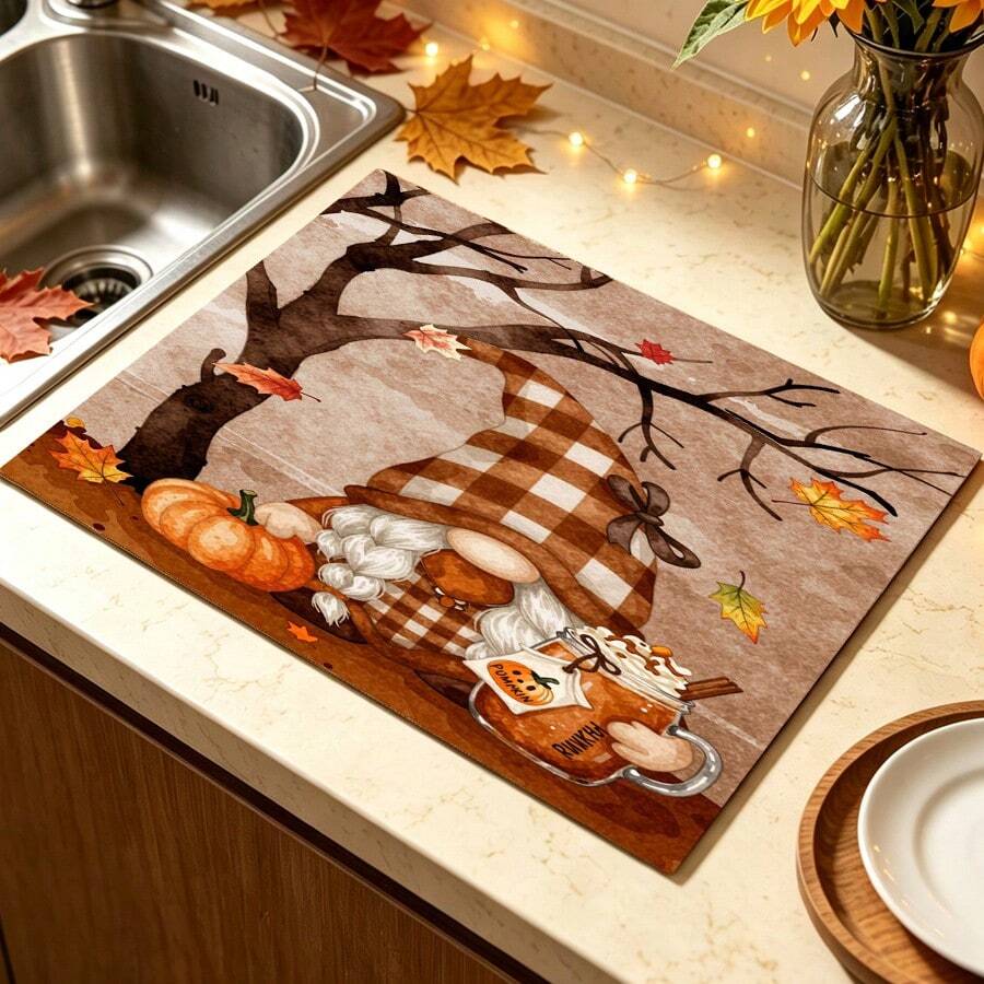 1pc Dish Drying Mat, Coffee Machine Mat, Autumn Pastoral Style Tableware Drying Mat, Dining Table Kitchen Countertop Protector Pad, Maple Leaf & Pumpkin Theme Suitable For Thanksgiving Autumn Atmosphere Decoration, Multi-Purpose Drying Mat, Home Gift, Desktop Decor