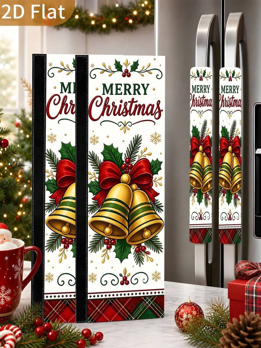 1/2Pcs Christmas Refrigerator Handle Covers, Gold Bell, Red & Green Plaid, Berry Pattern, With Hook And Loop, Suitable For Refrigerator, Oven, Microwave, Dishwasher, Christmas Holiday Kitchen Decor - View 1
