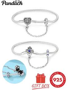 S925 Sterling Silver Snake Bone Bracelet, Heart Cross And Fatima Hand Clasp, Paired With Star Safety Chain, Vintage Hollow Inlaid Stone Design, Customizable DIY Beaded, Secure Clasp, Women's Luxury Accessory, Comes With Exquisite Gift Box. - Silver - View 10