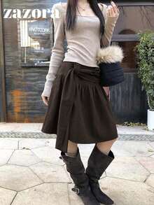 Women's Solid Color Korean Style A-Line Skirt, High-End Elegant - Brown - View 9