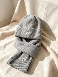 Winter Kids Hat & Scarf Set, Heart Embroidered Knitted Woolen Beanie, Unisex Baby Outdoor Hat - Multicolor - View 8
