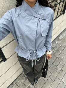 Women Stand Collar Buckle Detail Drawstring Waist Cropped Jacket, Fall Long Sleeve Casual Outerwear - Multicolor - View 6