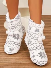 Women's Winter Plush House Slippers, Snowflake Geometric Print Thermal Lined Indoor Slippers With Drawstring And Pom Pom Decor For Bedroom Floor - White - View 6