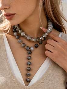 OABE 2pcs/Set Bohemian Style Grey Textured Ball Bead Necklace Including Y-Shaped Necklace And Choker Necklace, Suitable For Women's Daily Wear, Fashionable Autumn Outfit Accessory - Grey - View 1