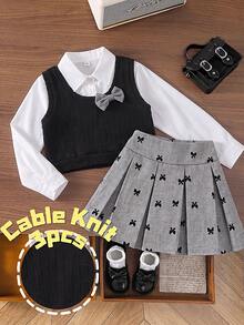Girls' Minimalist Solid Color Shirt, 3D Bow Fashion Vest, And Pearl Button Pleated Fashion Skirt - White - View 1