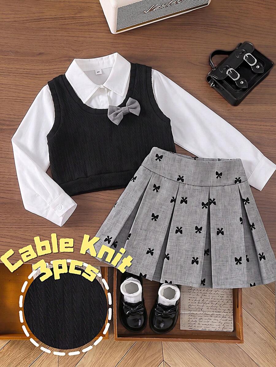 Girls' Minimalist Solid Color Shirt, 3D Bow Fashion Vest, And Pearl Button Pleated Fashion Skirt - White - View 1